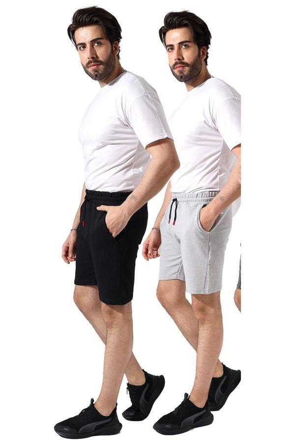 Tynemode Erkek Slim Fit Siyah Gri Düz Pamuklu Yazlık Şort - Image 1