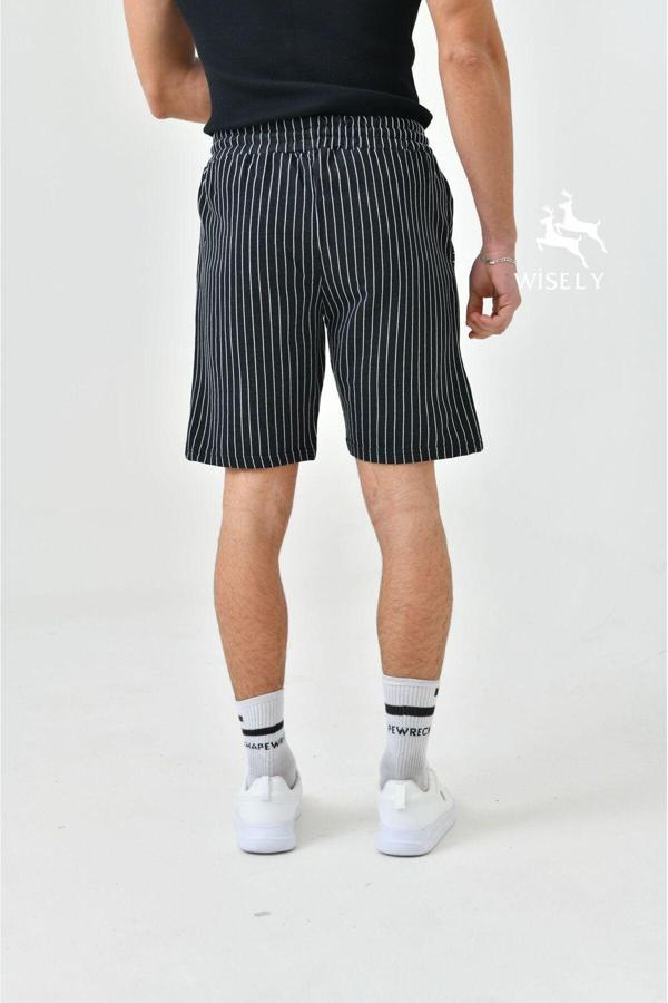 Tynemode Kopya - Erkek Regular Fit  Siyah Çizgili Pamuklu Yazlık Şort - Image 1