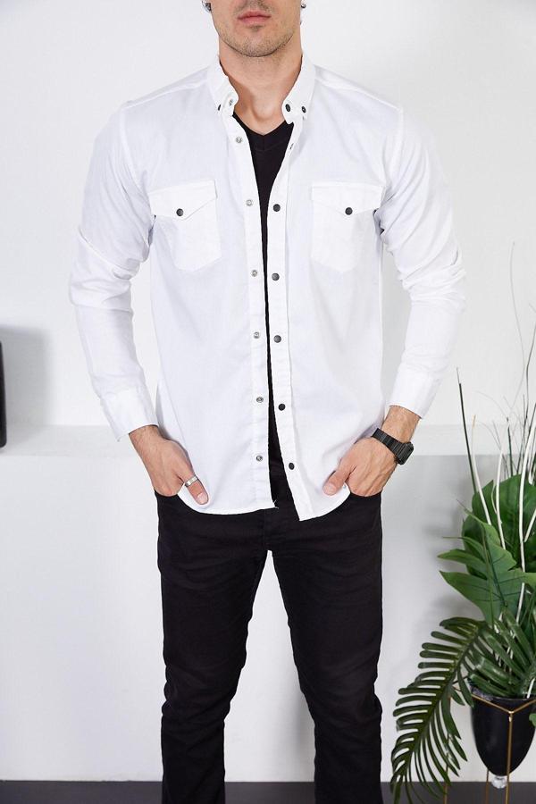 Enzim Jeans Erkek Slim Fit Beyaz Kot Gömlek - Image 1