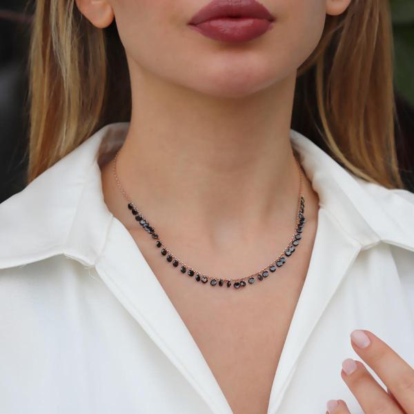 Sıra Siyah Zirkon Taş Rose Gold Kaplama Gümüş Kolye - Image 1