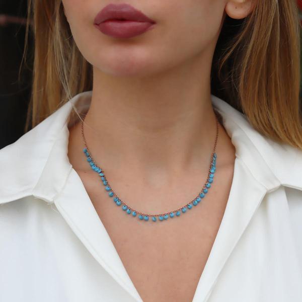 Sıra Turkuaz Taşlı Rose Gold Gümüş Kolye - Image 1