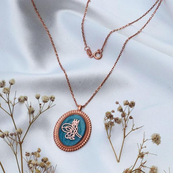 Mine İşli Osmanlı Tuğrası Rose Gold Kaplama Gümüş Kolye - Image 1