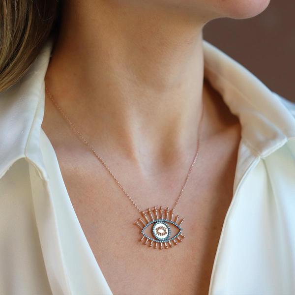 Göz Turkuaz Taşlı Rose Gold Gümüş Kolye - Image 1