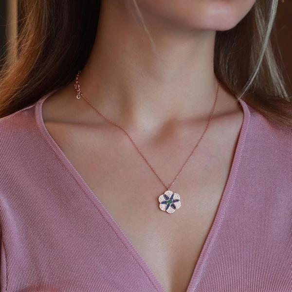 Apm Monaco Modeli Çiçek Zirkon Taşlı Rose Gold Kaplama Gümüş Kolye - Image 1