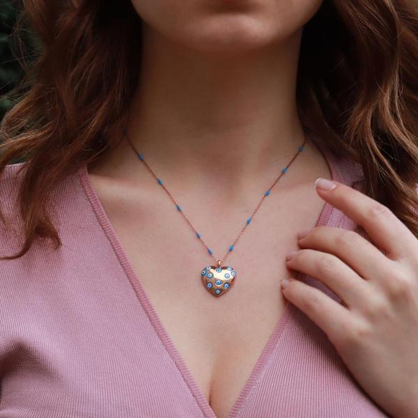 Nazar Boncuklu Mineli Kalpli Rose Gold Kaplama Gümüş Kolye - Image 1