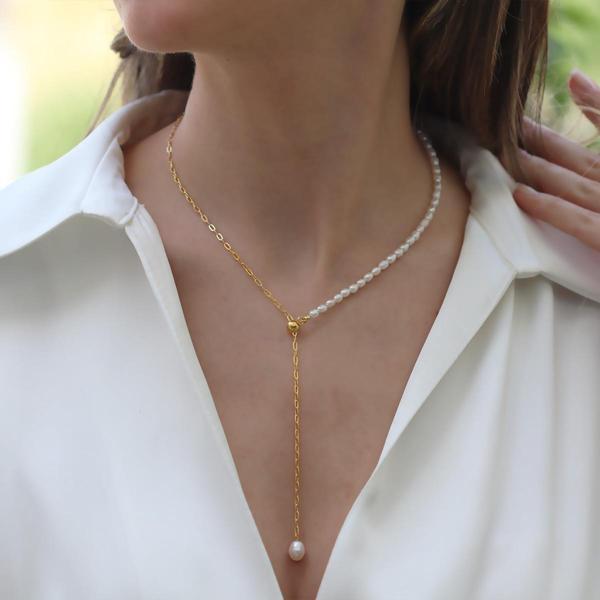 İncili Asansörlü Gold Gümüş Trend Kolye - Image 1