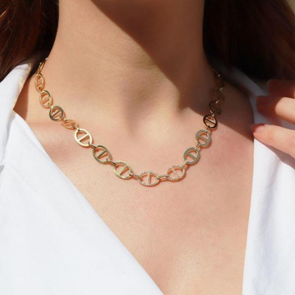 Trend Düğme Modeli Zirkon Taşlı Gold Kaplama Gümüş Kolye - Image 1
