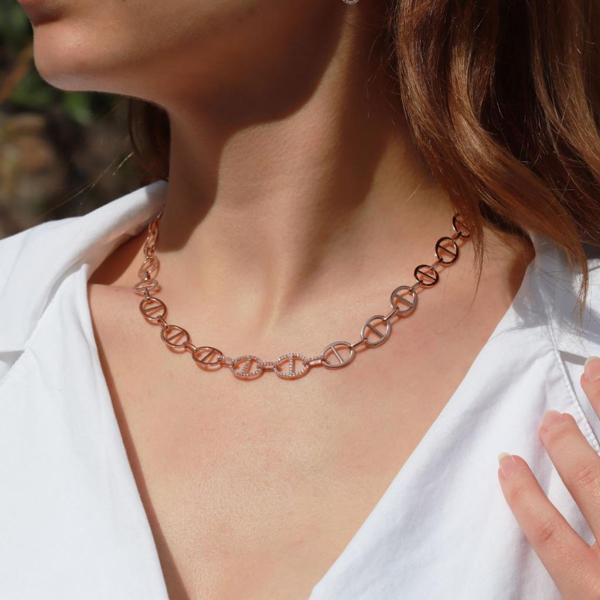 Trend Düğme Modeli Zirkon Taşlı Rose Gold Kaplama Gümüş Kolye - Image 1