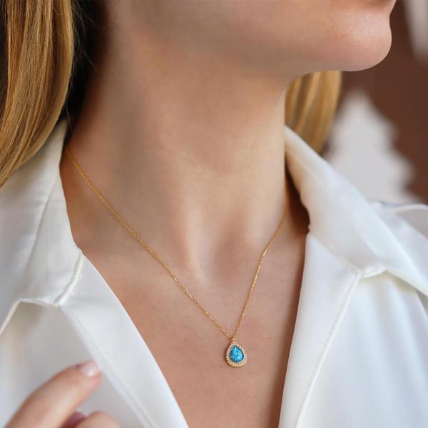 Opal Damla Taşlı Gold Kaplama Gümüş Kolye - Image 1