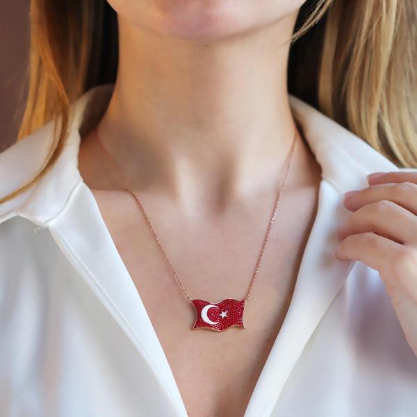 Türk Bayrağı Zirkon Taşlı Rose Gold Kaplama Gümüş Kolye - Image 1