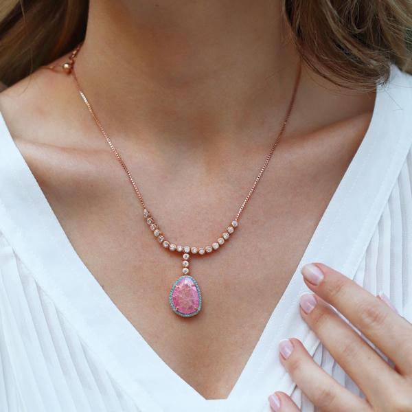 Pembe Kuvars Taşlı Asansör Zincirli Rose Gold Kaplama Gümüş Kolye - Image 1