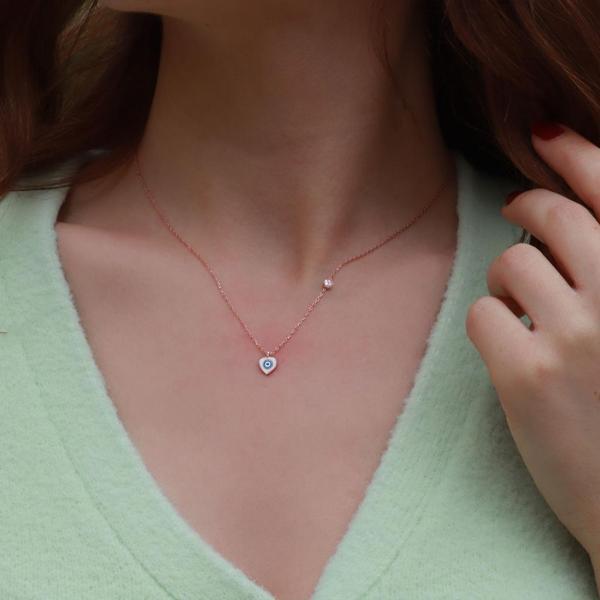 Kalp Figürlü Zirkon Taşlı Mine İşli Rose Gold Kaplama Gümüş Kolye - Image 1