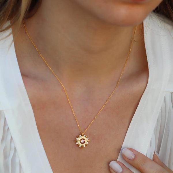 Pembe Zirkon Taşlı Gold Kaplama Lodestar Gümüş Kolye - Image 1