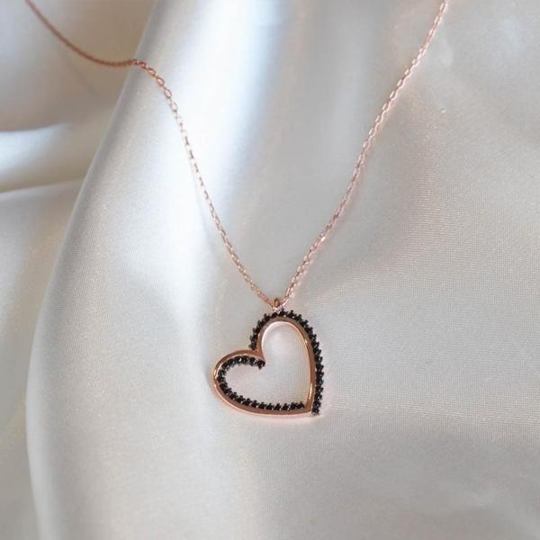 Kalp Siyah Zirkon Taşlı Rose Gold Kaplama Gümüş Kolye - Image 1
