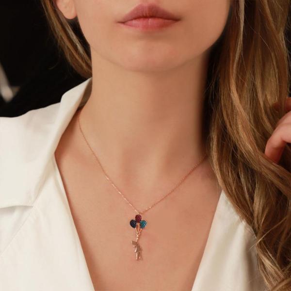 Uçan Balon Renkli Zirkon Taşlı Rose Gold Kaplama Gümüş Kolye - Image 1
