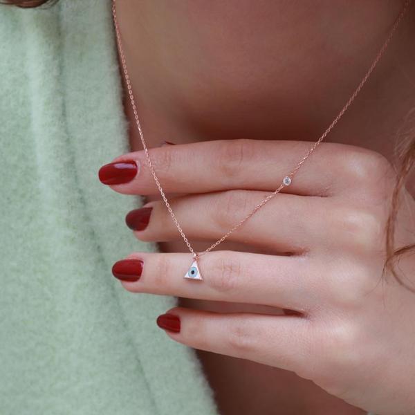 Üçgen Figürlü Zirkon Taşlı Mine İşli Rose Gold Kaplama Gümüş Kolye - Image 1