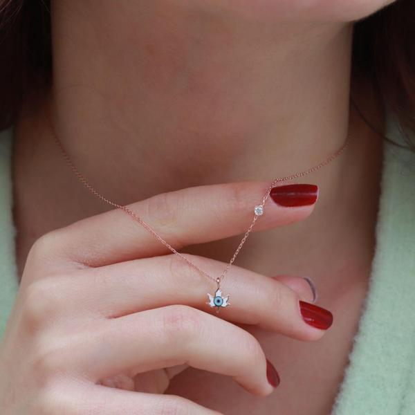 Yaprak Figürlü Zirkon Taşlı Mine İşli Rose Gold Kaplama Gümüş Kolye - Image 1