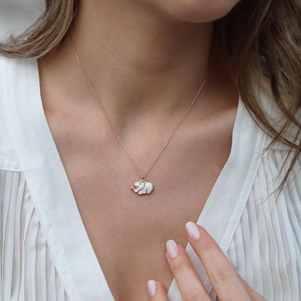 Beyaz Mine İşli Rose Gold Kaplama Bereket Fili Gümüş Kolye - Image 1