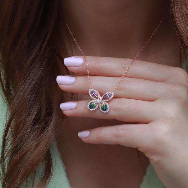 Beyaz Zirkon Taşlı Renkli Kelebek Model Rose Gold Kaplama Gümüş Kolye - Image 1