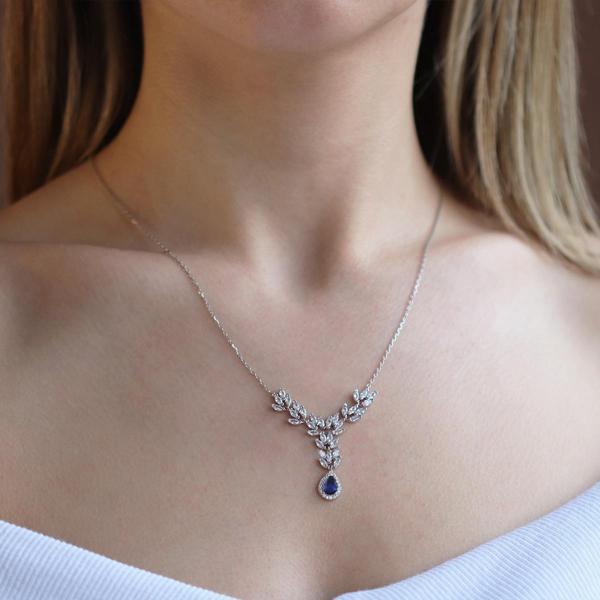 Yaprak Tasarım Damla Safir Taşlı Gümüş Kolye - Image 1