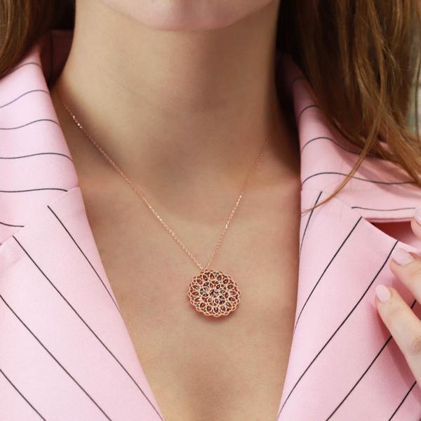 Yaşam Çiçeği Renkli Zirkon Taşlı Rose Gold Kaplama Gümüş Kolye - Image 1