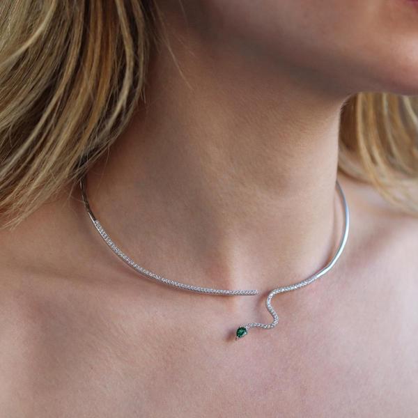 Yeşil Zirkon Taşlı Serpent Choker Gümüş Kolye - Image 1