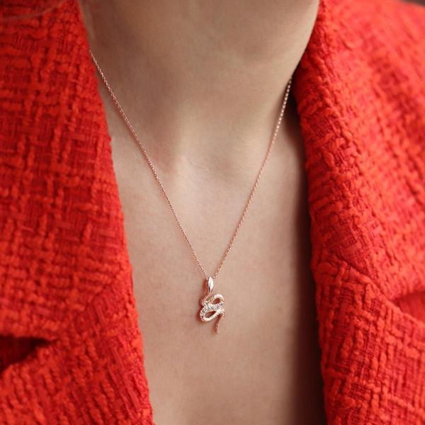 Yılan Modeli Zirkon Taşlı Rose Gold Kaplama Gümüş Kolye - Image 1