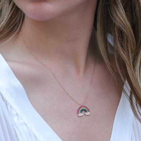 Renkli Zirkon Taşlı Gökkuşağı Rose Gold Kaplama Gümüş Kolye - Image 1
