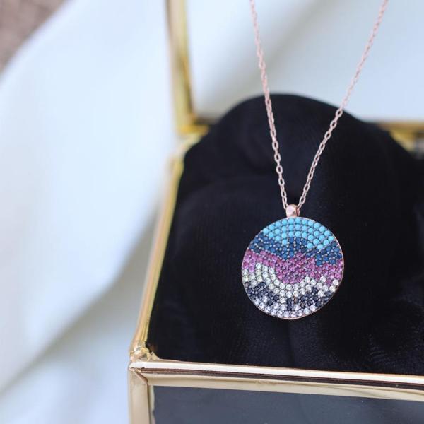 Renkli Zirkon Taşlı Yuvarlak Rose Gold Gümüş Kolye - Image 1