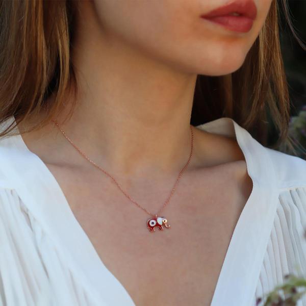 Kırmızı Mine İşli Rose Gold Kaplama Bereket Fili Gümüş Kolye - Image 1