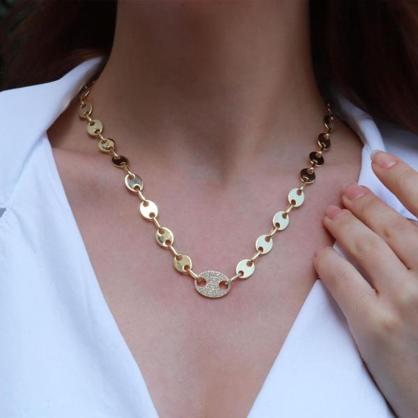 Düğme Modeli Zirkon Taşlı Gold Kaplama Gümüş Zincir Kolye - Image 1