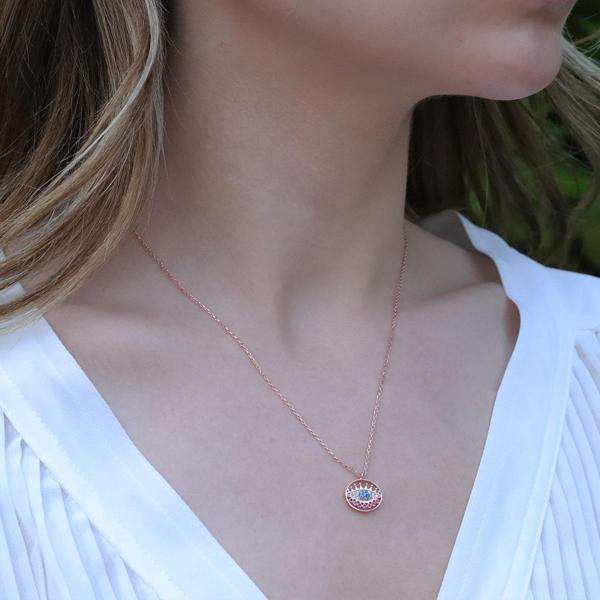 Yuvarlak Göz Modeli Zirkon Taşlı Rose Gold Kaplama Gümüş Kolye - Image 1