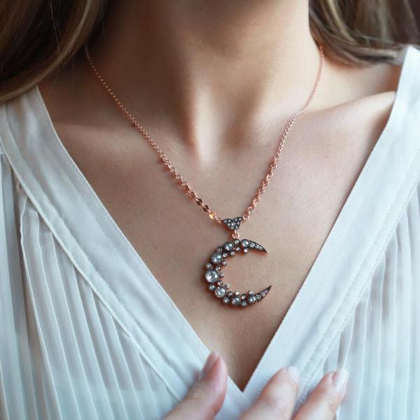 Elmas Montür Hilal Rose Gold Kaplama Gümüş Kolye - Image 1