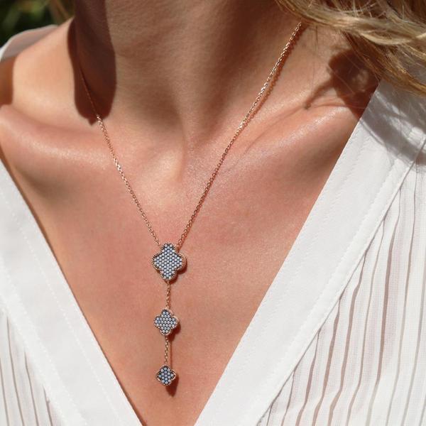 Zirkon Nano Taşlı Alhambra Yonca Rose Gold Kaplama Gümüş Kolye - Image 1