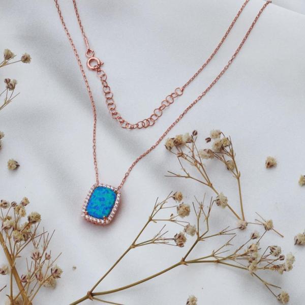 Zirkon Taş Çerçeveli Opal Rose Gold Kaplama Gümüş Kolye - Image 1