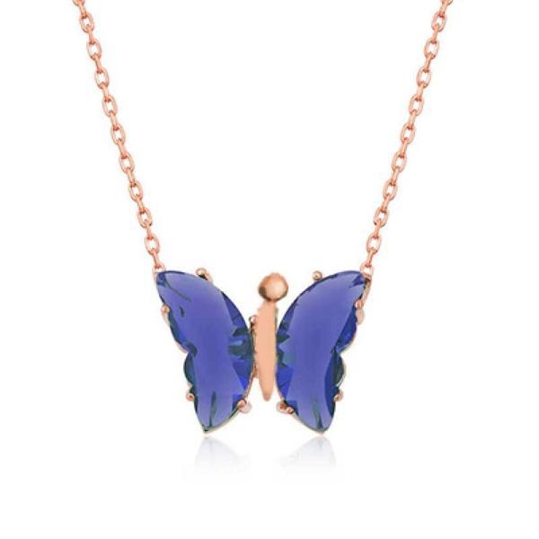 Lacivert Kelebek Model Rose Gold Kaplama Zirkon Taşlı Gümüş Kolye - Image 1