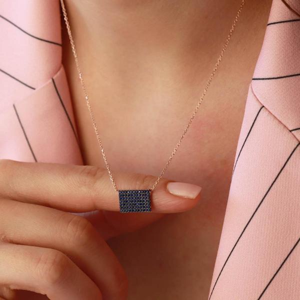Lacivert Zirkon Taşlı Rose Gold Kaplama Mini Dikdörtgen Gümüş Kolye - Image 1