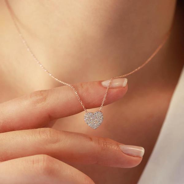 Zirkon Taşlı Kalp Rose Gold Kaplama Gümüş Kolye - Image 1