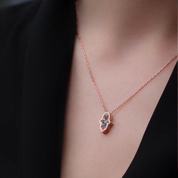 Rosegold Kaplama Çift Taraflı Fatma Ana Eli içi Zirkon Taşlı 925 Ayar Gümüş Kolye - Image 1