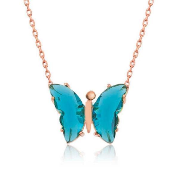 Mavi Kelebek Model Rose Gold Kaplama Zirkon Taşlı Gümüş Kolye - Image 1