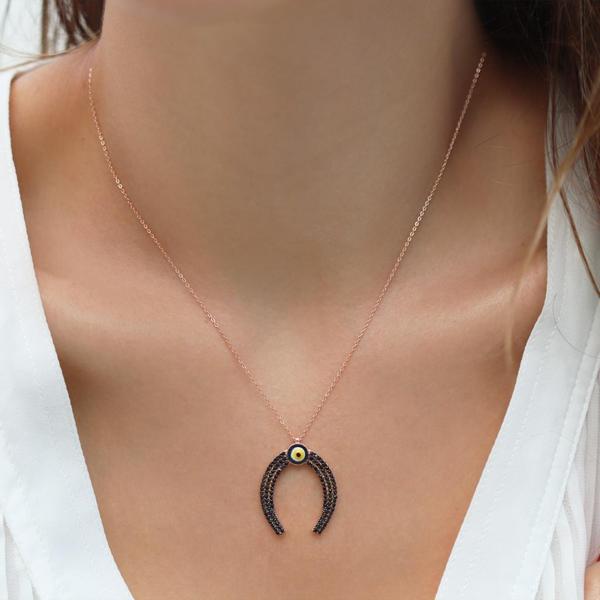 Şans Nalı Nazar Boncuklu Rose Gold Kaplama Gümüş Kolye - Image 1