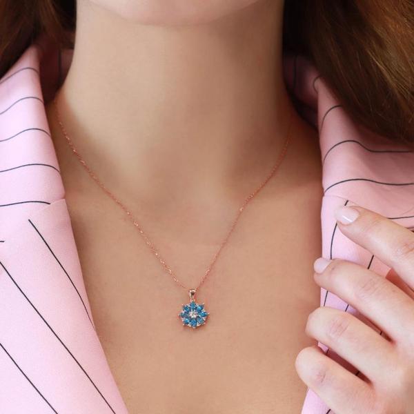 Mavi Zirkon Mini Kamelya Çiçeği Rose Gold Kaplama Gümüş Kolye - Image 1