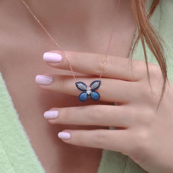 Mavi Zirkon Taşlı Kelebek Model Rose Gold Kaplama Gümüş Kolye - Image 1