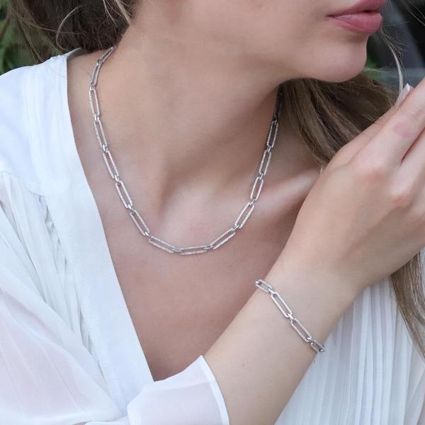 Zirkon Taşlı Trend Geçme Zincirli Gümüş Set - Image 1