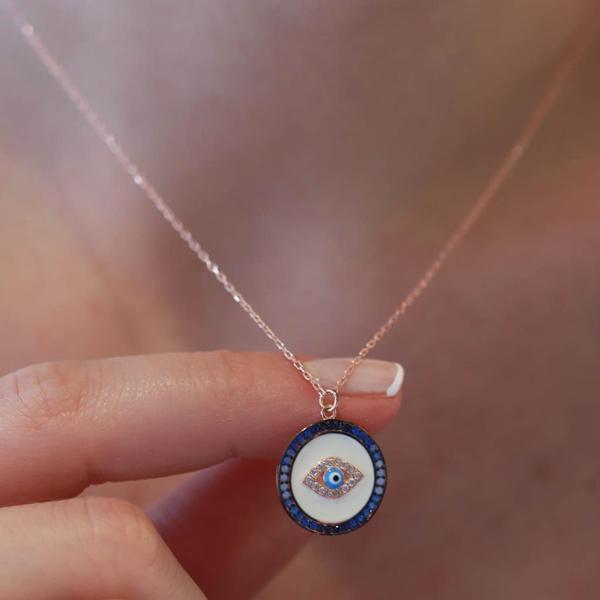 Göz Model Degrade Zirkon Taş Çerçeveli Rose Gold Kaplama Gümüş Kolye - Image 1