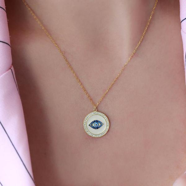 Göz Model Zirkon Taş Çerçeveli Gold Kaplama Gümüş Kolye - Image 1