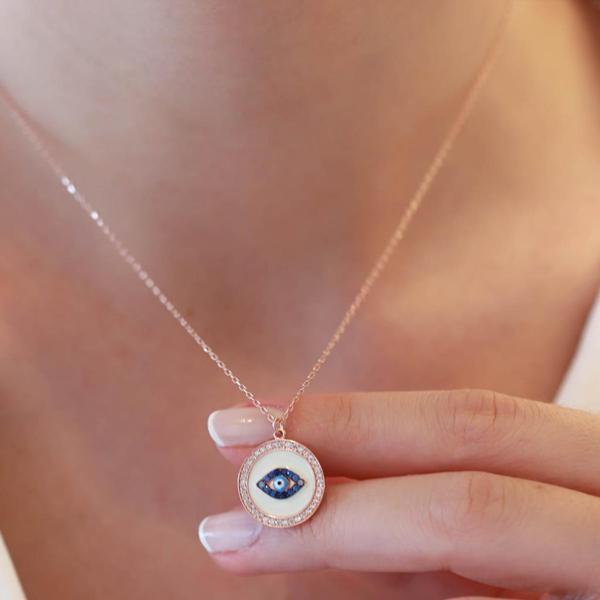 Göz Model Zirkon Taş Çerçeveli Rose Gold Kaplama Gümüş Kolye - Image 1