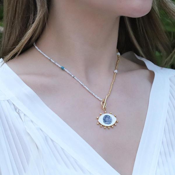 Mine İşli Göz Modeli Gold Kaplama Doğaltaşlı Gümüş Kolye - Image 1