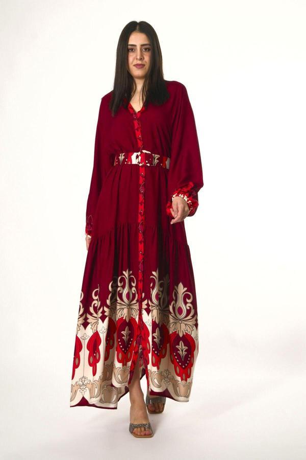 Abbra Kadın Hakim Yaka Önü Düğmeli Kemerli %100 Viskon Yazlık Elbise - Image 1