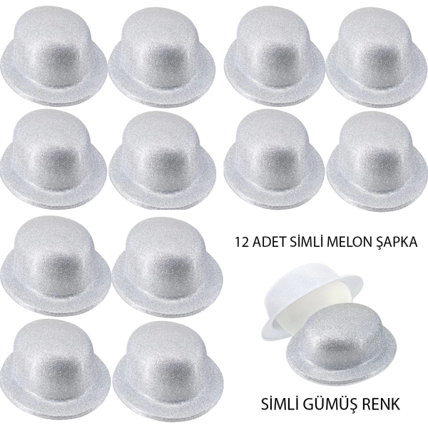 Gümüş Renk Simli Melon Yulak Parti Şapkası 12 Adet - Image 1